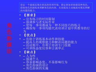 角色扮演法   【要求】   -- 宣布练习的时间限制  -- 强调参与者实际作业  -- 使每一事项都成为一种不同技巧的练习  -- 确保每一事项均能代表培训计划中所教导的行为  【优点】   -- 有助于训练基本动作和技能  -- 提高人的观察能力和解决问题的能力  -- 活动集中，有利于培训专门技能  -- 可训练态度仪容和言谈举止  【缺点】   -- 人为性  -- 强调个人  -- 容易影响态度、不易影响行为  -- 角色扮演的设计  -- 角色扮演的实施   设定一个最接近现在状况的培训环境，指定参加者扮演某种角色，借助角色的演练来理解角色的内容，从而提高主动地面对现实和解决问题的能力。  