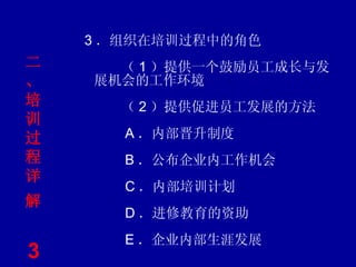 二、培训过程详解   3   3 ．组织在培训过程中的角色     （ 1 ）提供一个鼓励员工成长与发展机会的工作环境     （ 2 ）提供促进员工发展的方法      A ．内部晋升制度      B ．公布企业内工作机会      C ．内部培训计划      D ．进修教育的资助      E ．企业内部生涯发展 
