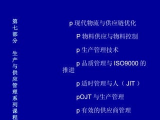 第七部分 生产与供应管理系列课程      p 现代物流与供应链优化      P 物料供应与物料控制      p 生产管理技术      p 品质管理与 ISO9000 的推进      p 适时管理与人（ JIT ）      pOJT 与生产管理      p 有效的供应商管理 