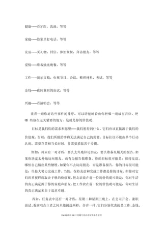 健康-----看牙医，洗澡，等等


家庭-----给家里打电话，等等


友谊-----买礼物，回信，参加聚餐，拜访朋友，等等


爱情-----准备烛光晚餐，等等


工作-----演示文稿，电视节目，会议，整理材料，考试，等等


金钱-----夜间兼职的面试，等等


兴趣-----看演唱会，等等


  重看一遍你对这些事件的排序，可以清楚地看出你把哪一项放在首位，把
哪 些放在无关紧要的地方。这就是你的价值观。

  目标是我们们的需求和愿望-----我们想得到什么。它们应该直接源于我们的

价值观。否则，我们所做的事将无法满足自己的需要。目标往往不能由单个行动
达到，需要花贯相当长时间，并需要采取若干步骤。

  例如，周末有一对矛盾，要么去外地拜访朋友，要么准备星期天的报告。如
果你决定去外地访问朋友，而有为报告做准备，你的目标很可能是：保持友谊，
哪怕自己做出某些牺牲。如果你不去访问朋友，而是准备报告，你的目标很可能
是：尽最大努力完成工作。当然，保持友谊和完成工作都是你的目标。但你对它
们的重视程度取决于佻的价值观。把友谊放在前一位的价值观可能是：你对生活
的真正满足源于你的家庭和朋友。把工作放在前一位的价值观可能是：你对生活
的真正满足来自于追求卓越。

  再如，任务表中还有一对矛盾：星期二和星期三晚上，在公司开会、兼职
面试、看演唱会三者之间只能挑选两样，舍弃一样。它们分别代表的是工作、金钱、

                 Ehr99 网站 HR 工具箱中的内容仅供参考使用
 