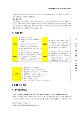 교육과학기술부 과학기술 장기비전 2030, 2009/09




 서 제공하는 3D SNS 서비스로 실사와 같은 고화질 그래픽과 탁월한 완성도, 3D 아바타 간의 현실감 넘
 치는 상호액션을 실감나게 구현하였다18).
 감성 표현 기술
 2008년 6월 ETRI 인간로봇상호작용 연구팀은 네트워크 기반 인간로봇 상호작용 핵심기술이 탑재돼 인간
 의 감각 가운데 미각을 제외한 감정표현이 가능한 감성로봇을 개발하였다. 다양한 색상과 LED 표현장치
 를 통해 여러 가지 재미있는 얼굴 표정도 가능하며 두 가지 향을 발산할 수 있는 분사기를 내장해 기쁨과
 슬픔 등 상반된 의사 표현을 냄새로도 표현할 수 있다.


다. SWOT 분석

                  가상공간 경제의 급성장
                  비용절감을 위한 기업의 가상세계로의 이전                                                   5
                                                            인터넷 및 모바일폰의 세계 최고 사용률
                  가속화
                                                            게임을 통한 3D 환경에 친숙한 사용자
                  인터넷 환경의 3D 가상현실로의 급속한 이전
                                                            신기술 적용과 사용에 친숙한 사회적 환경
                  소셜 네트워킹 서비스 트렌드의 강화
  기회요인                                            강점요인
                                                            UCC 콘텐츠 생성 및 접근 환경의 보편화
                  세계적인 초고속 접속망 보급의 일반화
                                                                                           C
                                                            국민들의 높은 정보기술 활용 능력
                  웹2.0 패러다임의 급속한 전파 및 웹3.0 시대                                              Y
                  로의 진입 시도
                                                            인적 자원의 상상력, 창의력 상대적 결여
                                                                                           B
                  개인 사생활 침해 및 인간성 상실의 위험
                                                            가상세계 플랫폼 개발 계획의 후발주자           E
                  해외 거대 기업의 가상세계 사업 진입 가속화
                                                            온톨로지 기반 웹서비스구축 미진한 대응
                  지적재산권의 세계적 강화 움직임                                                        R
                                                            인간 감성 연구의 미약
  위협요인                                            약점요인
                  가상경제와 실경제의 일관성을 위한 법 및 제
                                                            학제간 융합 연구 환경의 상대적 미비
                  도의 미비로부터 파생되는 국가 사회적 혼돈
                                                            가상세계를 위한 법 및 제도의 미비            C
                                                                                           L
                                                                                           O
                     개인 참여형 가상세계 실현의 필요
                                                                                           N
                     개인 사생활 보호 및 소셜 네트워킹 서비스 필요
                     인간 감성을 기반으로 한 가상세계 플랫폼 선점의 필요                                         E
     시사점             학제간 융합 연구의 지속적 지원 필요
  (implication)      상상력, 창의력을 위한 교육 및 환경 여건 강조
                     웹3.0 패러다임으로의 전환은 시대적 과제
                     웹 환경 3차원화의 절대적 필요
                     공간 및 지식을 탐험할 개인 비서, 에이전트, 복제자의 필요



3. 단계별 추진 목표

가. 중기목표(2020 년)

 [목표] 가상세계간 상호운용성이 보장된, 적극적 활동인구 100만 명 이상의, 가상세계를 실현한다.
 가상세계는 개방화, 표준화, 다양화를 목표로 웹2.0 및 웹3.0의 철학과 패러다임에 준거하여 사용자의 참
 여, 공유로 실현한다. 목표 달성으로 창조되는 가상세계는 인간의 또 다른 생활문화 공간임과 동시에 현


17) http://minilife.cyworld.com/
18) http://www.nurien.com/service/main/main.nrn
 