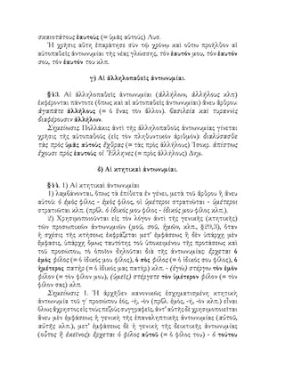 σκαιοτάτους ἑαυτοὺς (= ὑμᾶς αὐτούς) Λυσ.
   ῾Η χρῆσις αὕτη ἐπαράτησε σὺν τῷ χρόνῳ καὶ οὔτω προῆλθον αἱ
αὐτοπαθεῖς ἀντωνυμίαι τῆς νέας γλώσσης, τὸν ἑαυτόν μου, τὸν ἑαυτόν
σου, τὸν ἑαυτόν του κλπ.

                  γ) Αἱ ἀλληλοπαθεῖς ἀντωνυμίαι.

   §43. Αἱ ἀλληλοπαθεῖς ἀντωνυμίαι (ἀλλήλων, ἀλλήλους κλπ)
ἐκφέρονται πάντοτε (ὅπως καὶ αἱ αὐτοπαθεῖς ἀντωνυμίαι) ἄνευ ἄρθρου:
ἀγαπᾶτε ἀλλήλους (= ὁ ἕνας τὸν ἄλλον). βασιλεία καὶ τυραννὶς
διαφέρουσιν ἀλλήλων.
   Σημείωσις. Πολλάκις ἀντὶ τῆς ἀλληλοπαθοῦς ἀντωνυμίας γίνεται
χρῆσις τῆς αὐτοπαθοῦς (εἰς τὸν πληθυντικὸν ἀριθμόν): διαλύσασθε
τὰς πρὸς ὑμᾶς αὐτοὺς ἔχθρας (= τὰς πρὸς ἀλλήλους) ᾽Ισοκρ. ἀπίστως
ἔχουσι πρὸς ἑαυτοὺς οἱ ῞Ελληνες (= πρὸς ἀλλήλους) Δημ.

                     δ) Αἱ κτητικαὶ ἀντωνυμίαι.

   §44. 1) Αἱ κτητικαὶ ἀντωνυμίαι
   1) λαμβάνονται, ὅπως τὰ ἐπίθετα ἐν γένει, μετὰ τοῦ ἄρθρου ἢ ἄνευ
αὐτοῦ: ὁ ἐμὸς φίλος - ἐμὸς φίλος, οἱ ὑμέτεροι στρατιῶται - ὑμέτεροι
στρατιῶται κλπ. (πρβλ. ὁ ἰδικός μου φίλος - ἰδικός μου φίλος κλπ.).
   2) Χρησιμοποιοῦνται εἰς τὸν λόγον ἀντὶ τῆς γενικῆς (κτητικῆς)
τῶν προσωπικῶν ἀντωνυμιῶν (μοῦ, σοῦ, ἡμῶν, κλπ., §29,3), ὅταν
ἡ σχέσις τῆς κτήσεως ἐκφράζεται μετ’ ἐμφάσεως ἢ δὲν ὑπάρχῃ μὲν
ἔμφασις, ὑπάρχῃ ὅμως ταυτότης τοῦ ὑποκειμένου τῆς προτάσεως καὶ
τοῦ προσώπου, τὸ ὁποῖον δηλοῦται διὰ τῆς ἀντωνυμίας: ἔρχεται ὁ
ἐμὸς φίλος (= ὁ ἰδικός μου φίλος), ὁ σὸς φίλος (= ὁ ἰδικός σου φίλος), ὁ
ἡμέτερος πατὴρ (= ὁ ἰδικός μας πατὴρ) κλπ. - (ἐγὼ) στέργω τὸν ἐμὸν
φίλον (= τὸν φίλον μου), (ὑμεῖς) στέργετε τὸν ὑμέτερον φίλον (= τὸν
φίλον σας) κλπ.
   Σημείωσις 1. ῾Η ἀρχῆθεν κανονικῶς ἐσχηματισμένη κτητικὴ
ἀντωνυμία τοῦ γ΄ προσώπου ἑός, -ή, -ὸν (πρβλ. ἐμὸς, -ή, -ὸν κλπ.) εἶναι
ὅλως ἄχρηστος εἰς τοὺς πεζοὺς συγγραφεῖς, ἀντ’ αὐτῆς δὲ χρησιμοποιεῖται
ἄνευ μὲν ἐμφάσεως ἡ γενικὴ τῆς ἐπαναληπτικῆς ἀντωνυμίας (αὐτοῦ,
αὐτῆς κλπ.), μετ’ ἐμφάσεως δὲ ἡ γενικὴ τῆς δεικτικῆς ἀντωνυμίας
(οὗτος ἢ ἐκεῖνος): ἔρχεται ὁ φίλος αὐτοῦ (= ὁ φίλος του) - ὁ τούτου
 