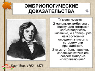 ЭМБРИОЛОГИЧЕСКИЕ ДОКАЗАТЕЛЬСТВА "У меня имеются  2 маленьких эмбриона в спирту, для которых я забыл подписать название, и я теперь уже не в состоянии определить класс, к которому они принадлежат.  Это могут быть ящерицы, маленькие птички или совсем молодые млекопитающие".  Карл Бэр.  1792 - 1876   