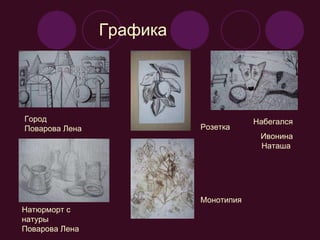 Графика  Город Поварова Лена Набегался Ивонина Наташа  Натюрморт с натуры Поварова Лена  Розетка  Монотипия  