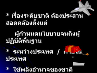 *   เรื่องระดับชาติ ต้องประสานสอดคล้องตั้งแต่ ผู้กำหนดนโยบายจนถึงผู้ปฏิบัติพื้นฐาน *  ระหว่างประเทศ  /  ภายในประเทศ *  ใช้พลังอำนาจของชาติ *  มีการประกาศสงคราม *  รักษาผลประโยชน์ของชาติ 