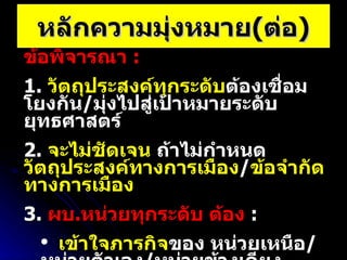 หลักความมุ่งหมาย ( ต่อ ) ข้อพิจารณา  :  1.  วัตถุประสงค์ทุกระดับ ต้องเชื่อมโยงกัน / มุ่งไปสู่เป้าหมายระดับยุทธศาสตร์ 2.  จะ ไม่ชัดเจน  ถ้าไม่กำหนด วัตถุประสงค์ทางการเมือง / ข้อจำกัดทางการเมือง 3.  ผบ . หน่วยทุกระดับ ต้อง   :  เข้าใจภารกิจ ของ  หน่วยเหนือ / หน่วยตัวเอง / หน่วยข้างเคียง แจ้งเจตนารมณ ์ที่ชัดเจนให้หน่วยรองทราบ 