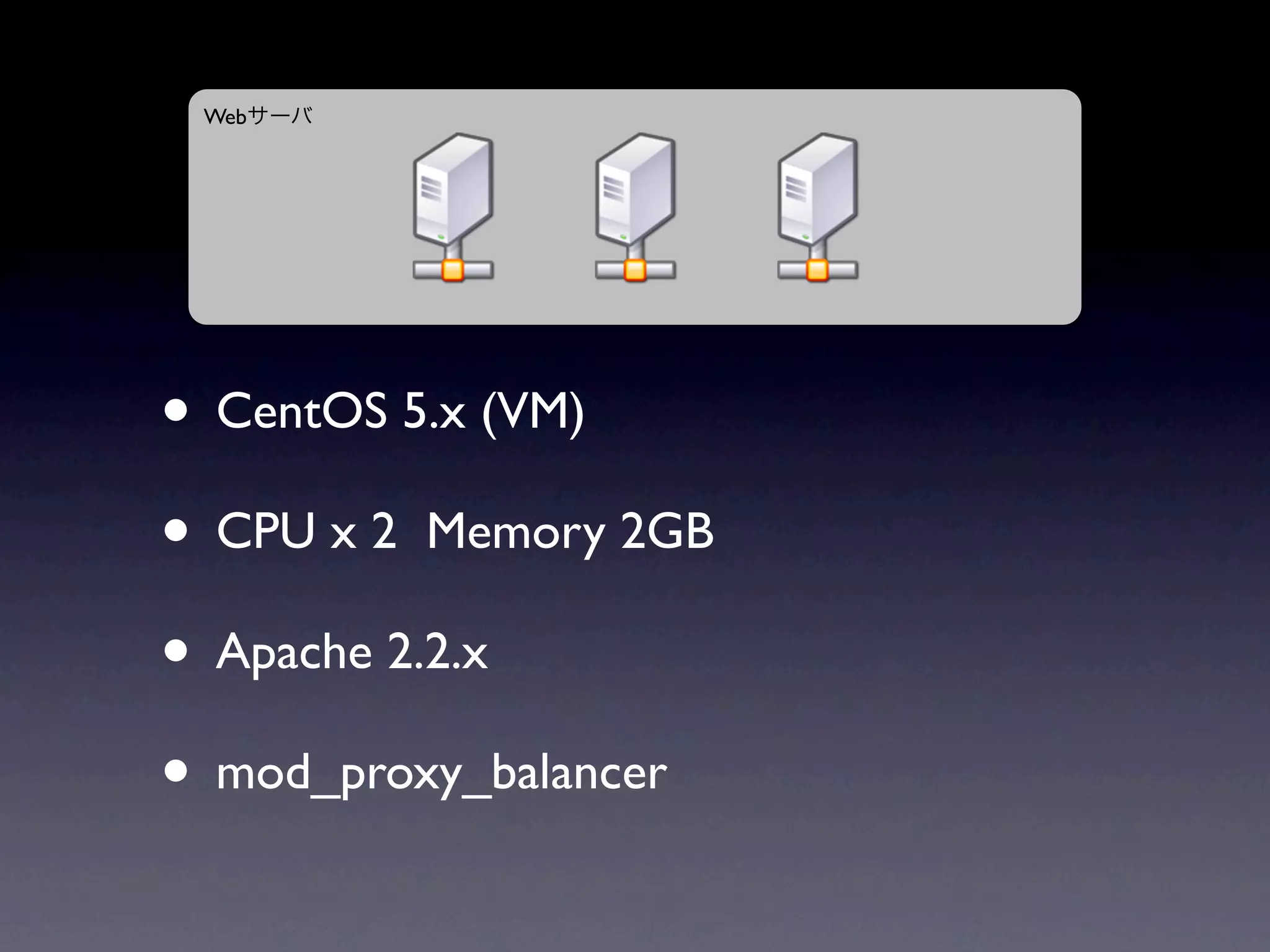 Web




• CentOS 5.x (VM)
• CPU x 2 Memory 2GB
• Apache 2.2.x
• mod_proxy_balancer
 