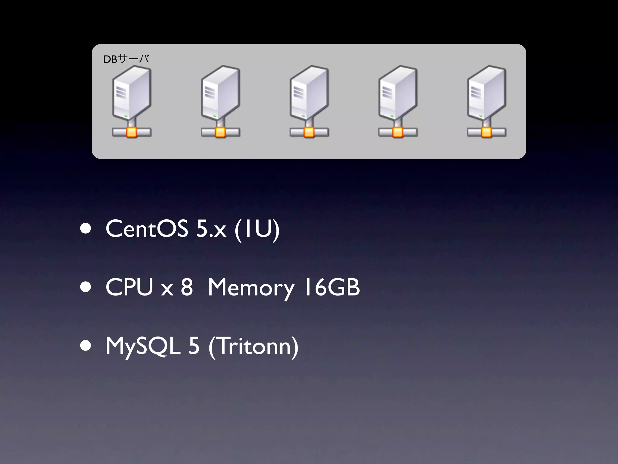 DB




• CentOS 5.x (1U)
• CPU x 8 Memory 16GB
• MySQL 5 (Tritonn)
 