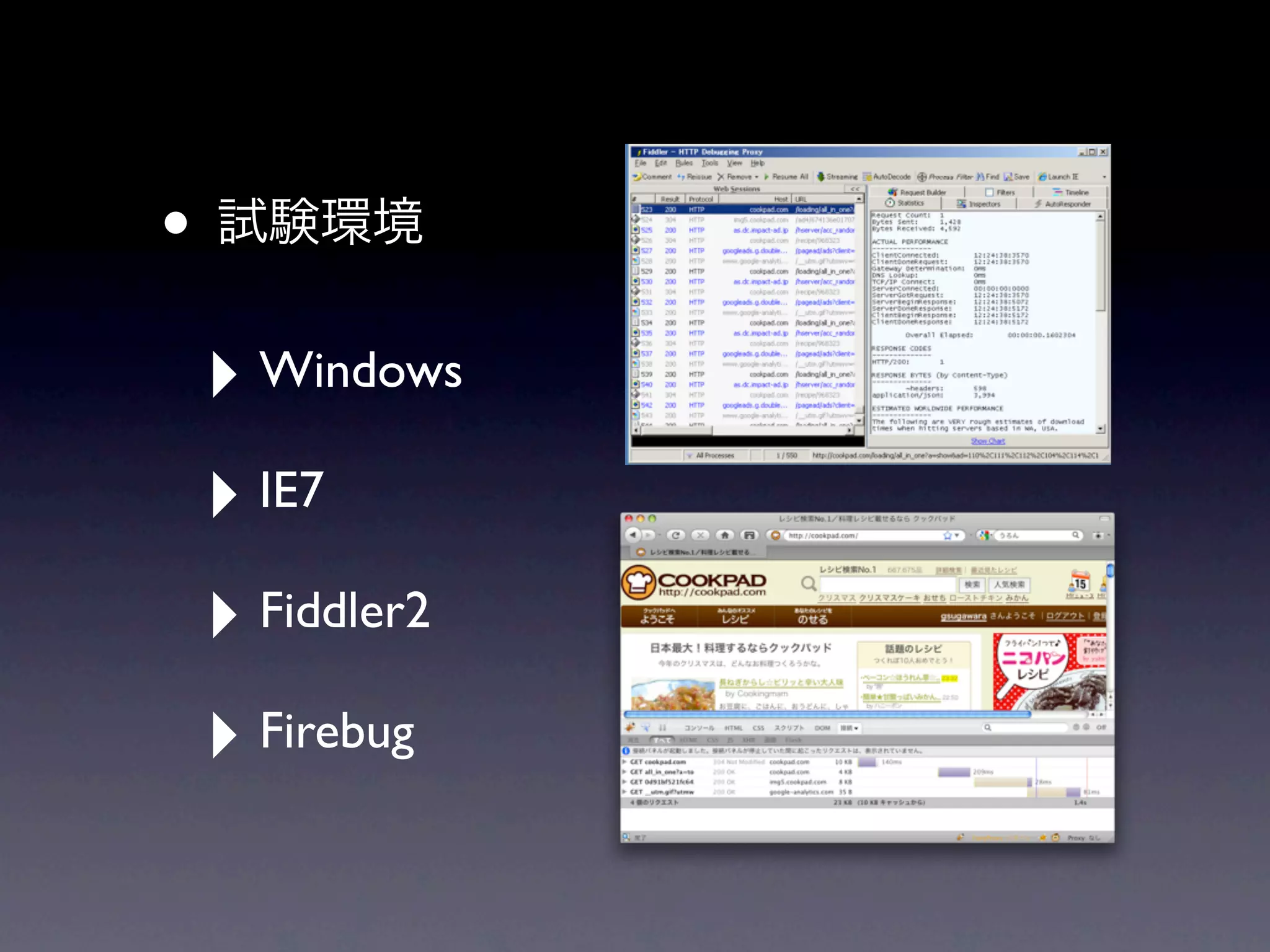 •
    ‣ Windows
    ‣ IE7
    ‣ Fiddler2
    ‣ Firebug
 