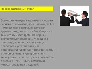 Производственный отделВоплощение идеи в желаемом формате зависит от производственного отдел. Его команда тесно сотрудничает с арт-директором, для того чтобы убедится в том, что их интерпретация верна и соответствует кампании. Менеджер производственного отдела иногда прибегает к услугам внешних организаций, таких как продакшнхаусы – если он снимает видеоролик, или типографии – если он делает плакат. Его основная цель – найти компанию, которая справится с задачей. 