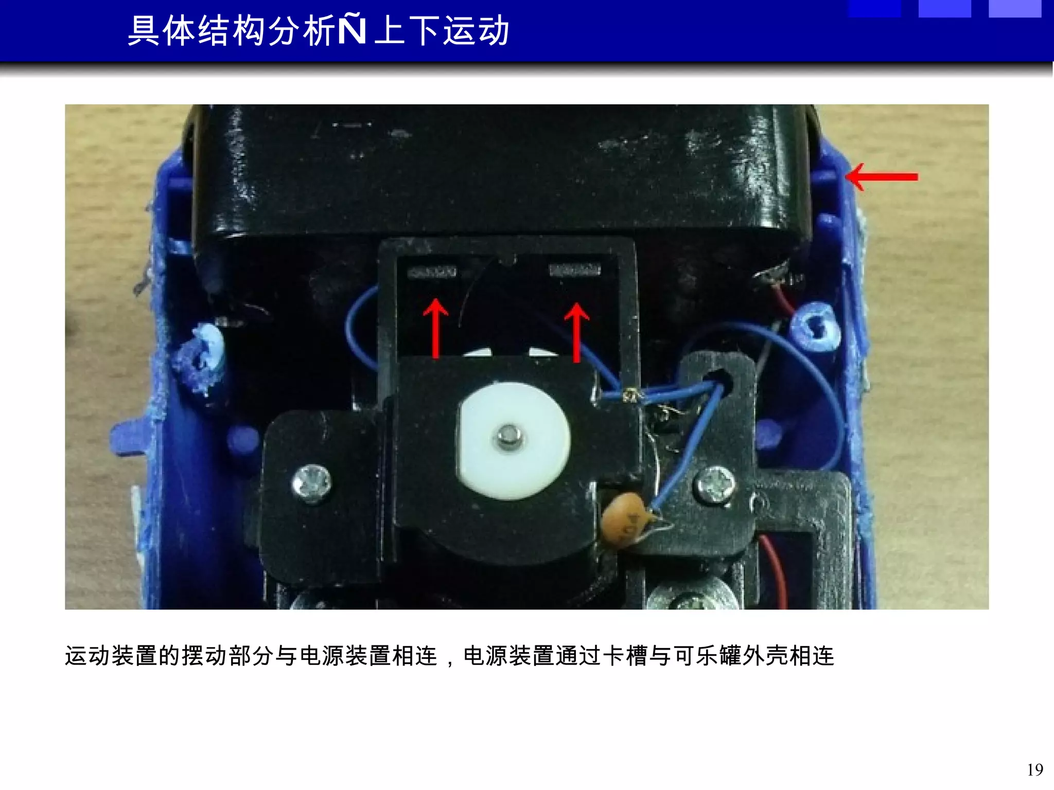 具体结构分析—上下运动 运动装置的摆动部分与电源装置相连，电源装置通过卡槽与可乐罐外壳相连 