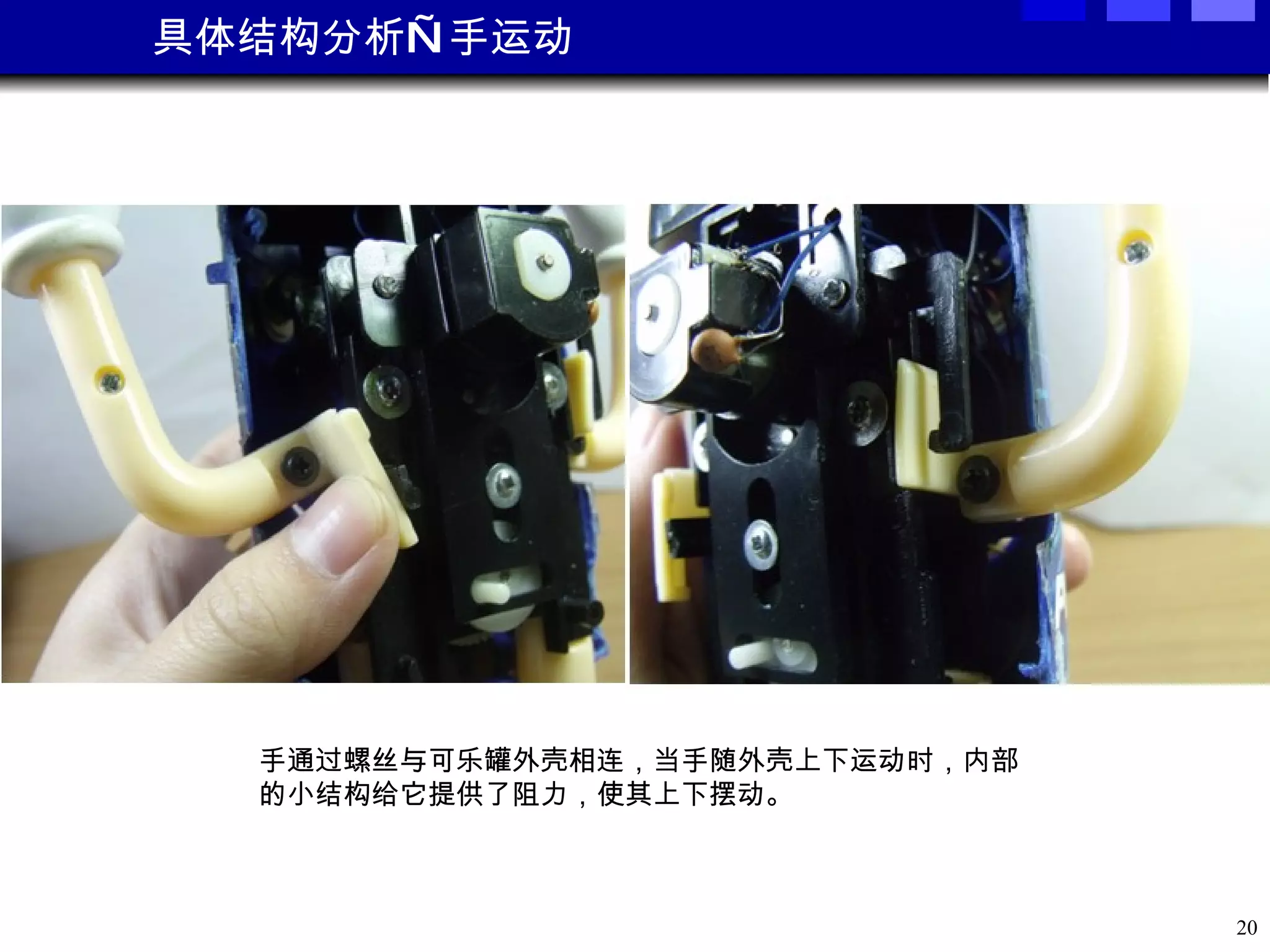 具体结构分析—手运动 手通过螺丝与可乐罐外壳相连，当手随外壳上下运动时，内部 的小结构给它提供了阻力，使其上下摆动。 