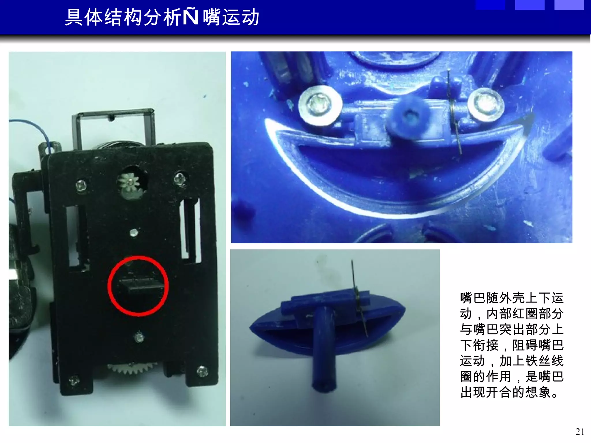 具体结构分析—嘴运动 嘴巴随外壳上下运动，内部红圈部分与嘴巴突出部分上下衔接，阻碍嘴巴运动，加上铁丝线 圈的作用，是嘴巴出现开合的想象。 