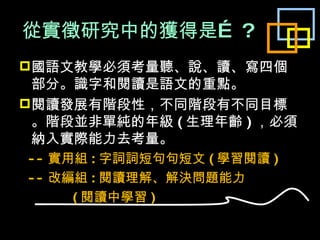 從實徵研究中的獲得是… ? 國語文教學必須考量聽、說、讀、寫四個部分。識字和閱讀是語文的重點。 閱讀發展有階段性，不同階段有不同目標。階段並非單純的年級 ( 生理年齡 ) ，必須納入實際能力去考量。 -- 實用組 : 字詞  短句  短文 ( 學習閱讀 ) -- 改編組 : 閱讀理解、解決問題能力 ( 閱讀中學習 ) 