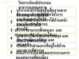 บริการปฐมภูมิ หลักการ และแนวทางพัฒนา วิเคราะห์องค์ประกอบสาธารณสุขมูลฐาน บริการสาธารณสุขขั้นพื้นฐานควรต้องสามารถปฏิบัติได้ มีความถูกต้องตามหลักวิชาการ  และสังคมยอมรับได้ สามารถเข้าถึงบริการฯได้ถ้วนหน้า  ด้วยราคาที่รับได้ และบริการฯสามารถธำรงได้ บูรนาการในระบบสาธารณสุข และเป็นเป้าหมายสำตัญ ของการพัฒนาสังคม และเศรษฐกิจ เป็นบริการด่านแรกที่อยู่ใกล้บ้าน และสถานที่ทำงาน บริการฯสามารถพึ่งตนเอง  และกำหนดการดำเนินงานได้เอง เป็นบริการเบื้องต้นของกระบวนการดูแลสุขภาพที่ต่อเนื่อง 1 2 3 4 5 6 