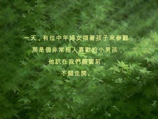 一天 ， 有位中年婦女領著孩子來參觀， 那是個非常招人喜歡的小男孩， 他趴在我們櫥窗前， 不願走開。   