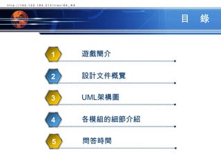 目　錄http://140.122.184.213/trac/SE_BA遊戲簡介1設計文件概覽2UML架構圖3各模組的細節介紹4問答時間5