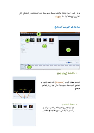 ‫وهو عبارة عن قاعدة بٌانات تحفظ معلومات عن المقتنٌات والمقاطع التً‬
                                       ‫تحتوٌها وٌحفظ بامتداد (‪)col‬‬


                                         ‫هٌا نتعرف على بٌئة البرنامج.‬




                                             ‫1 -الشاشة (‪)Display‬‬


                       ‫تستخدم لمعاٌنة الفٌدٌو ( ‪ )Preview‬الذي تقوم بإنتاجه أو‬
                        ‫المقاطع المستخدمة فٌه وٌشتمل على عدة أزرار كما هو‬
                                                                     ‫موضح .‬




                                                     ‫2 - منطقة المقتنٌات:‬
                          ‫فٌها ٌتم تجمٌع وتنظٌم مقاطع الصوت والفٌدٌو‬
                          ‫والصور الثابتة التً تستوردها إلنتاج األفالم .‬
 