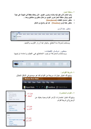 ‫3 - منطقة العمل:‬
‫وهو المكان الذي تقوم فٌه بإنشاء وتحرٌر الفٌدٌو الذي ٌمكنك حفظة فً النهاٌة على هٌئة‬
             ‫فٌدٌو وتوفر منطقة العمل تحرٌر الفٌدٌو من خالل منظورٌن مختلفٌن وهما :‬
                                             ‫• منظور تسلسل اللقطات (‪)Storyborad‬‬
                            ‫• منظور خط الزمن (‪ )Timeline‬كما هو واضح من الشكل‬




                                                        ‫4 -شرٌط القوائم :‬
  ‫وٌتٌح لك اختٌار خٌارات سرٌعة من القوائم كما هو موضح فً الشكل المقابل.‬




                                                               ‫5 - القوائم المختصرة:‬

                             ‫وٌتٌح لك اختٌار اختصارات ألوامر القوائم بحٌث ٌغنٌك عن‬
                                                           ‫الرجوع إلى شرٌط القوائم‬
 
