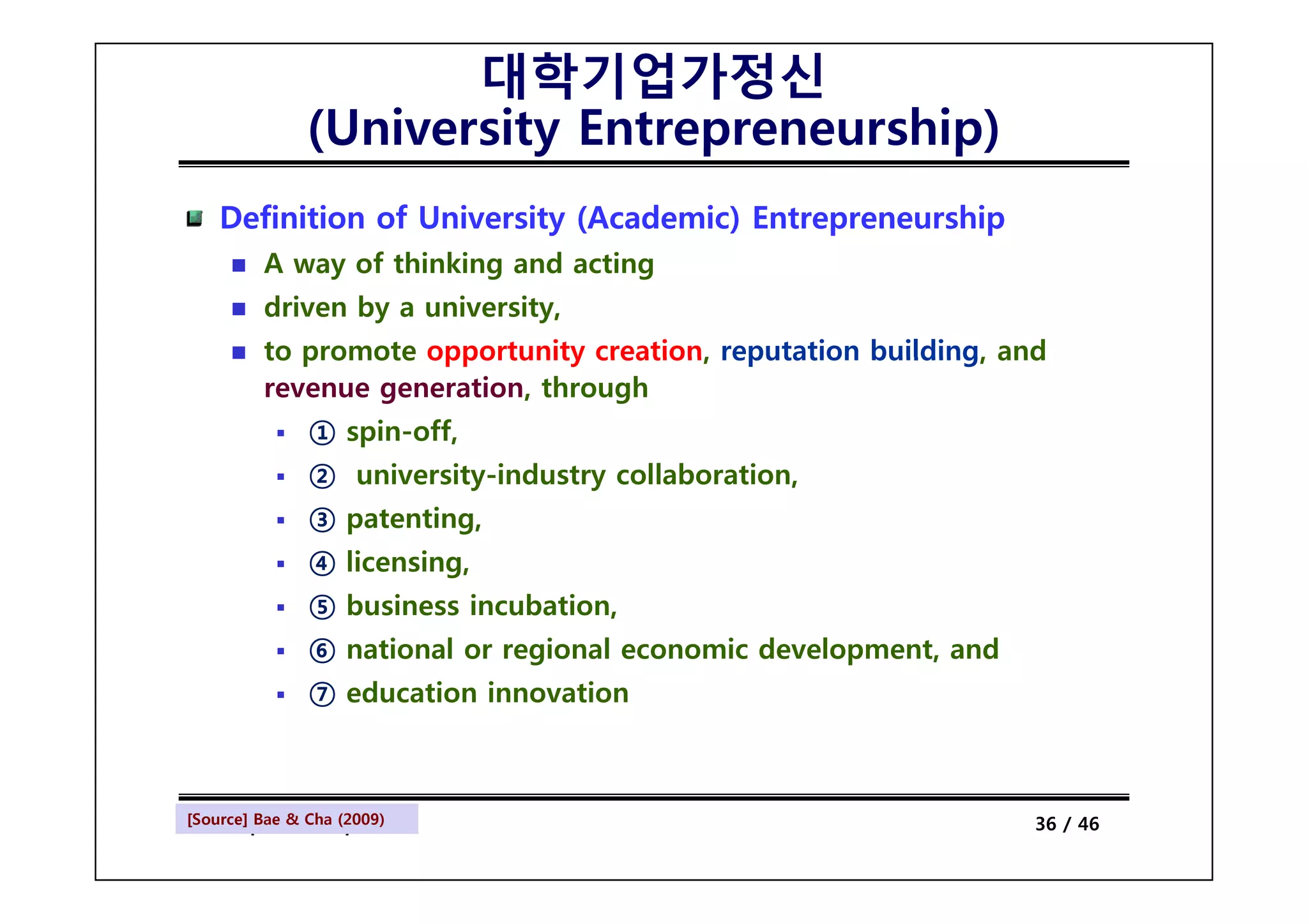 대학기업가정신
               (University Entrepreneurship)
               (         y      p         p)
    Definition of University (Academic) Entrepreneurship
         A way of thinking and acting
                f hi ki      d    i
         driven by a university,
         to promote opportunity creation, reputation building, and
         revenue generation, through
               ① spin-off,
               ② university-industry collaboration,
               ③ patenting,
               ④ licensing
                 licensing,
               ⑤ business incubation,
               ⑥ national or regional economic development, and
               ⑦ education innovation



[Source] Bae & Cha (2009)
  Entrepreneurship                                                36 / 46
 