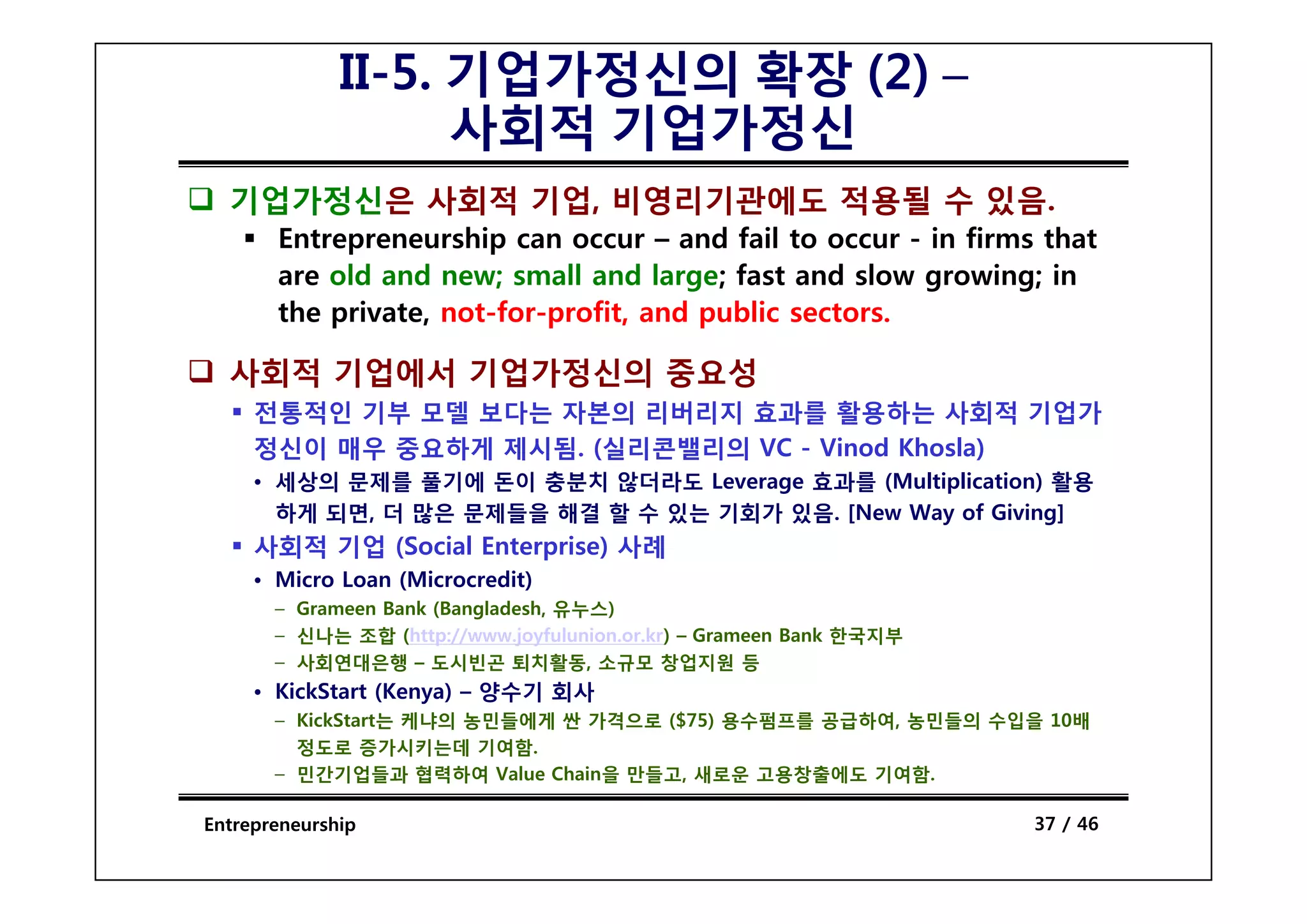 II-5. 기업가정신의 확장 (2) –
                    사회적 기업가정신
  기업가정신은 사회적 기업, 비영리기관에도 적용될 수 있음.
       Entrepreneurship can occur – and fail to occur - in firms that
            p          p
       are old and new; small and large; fast and slow growing; in
       the private, not-for-profit, and public sectors.

  사회적 기업에서 기업가정신의 중요성
     전통적인 기부 모델 보다는 자본의 리버리지 효과를 활용하는 사회적 기업가
     정신이 매우 중요하게 제시됨. (실리콘밸리의 VC - Vinod Khosla)
     • 세상의 문제를 풀기에 돈이 충분치 않더라도 Leverage 효과를 (Multiplication) 활용
       하게 되면, 더 많은 문제들을 해결 할 수 있는 기회가 있음. [New Way of Giving]
     사회적 기업 (Social Enterprise) 사례
     • Micro Loan (Microcredit)
       – Grameen Bank (Bangladesh, 유누스)
       – 신나는 조합 (http://www.joyfulunion.or.kr) – Grameen Bank 한국지부
       – 사회연대은행 – 도시빈곤 퇴치활동, 소규모 창업지원 등
         사회 대 행         시     퇴치활동      규 창업지
     • KickStart (Kenya) – 양수기 회사
       – KickStart는 케냐의 농민들에게 싼 가격으로 ($75) 용수펌프를 공급하여, 농민들의 수입을 10배
         정도로 증가시키는데 기여함.
       – 민간기업들과 협력하여 Value Chain을 만들고 새로운 고용창출에도 기여함
                                  만들고,              기여함.

Entrepreneurship                                                     37 / 46
 