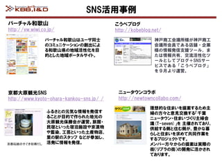 SNS活用事例
バーチャル和歌山                                  こうべブログ
http://vw.wiwi.co.jp/                     http://kobeblog.net/
                バーチャル和歌山はユーザ同士                            神戸商工会議所様が神戸商工
                のコミュニケーションの創出によ                           会議所会員である店舗・企業
                る和歌山県の地域活性化を目                             様の情報発信支援ツール、ま
                的とした地域ポータルサイト。                            たは情報共有、交流活性化ツ
                                                          ールとしてブログ＋SNSサー
                                                          ビスである「こうべブログ」
                                                          を９月より運営。




京都大原観光SNS                                  ニュータウンコラボ
http://www.kyoto-ohara-kankou-sns.jp/ /    http://newtowncollabo.com/
                                                         理想的な住まいを提案するため主
                 ふるさとの元気な情報を発信す                          婦の方々と意見交換する「千葉
                 ることが目的で作られた地元の                          ニュータウン・住まいづくり主婦会
                 大原観光保勝会が運営。旅館・                          議(T-seven)」を 主催されており、
                 民宿といった宿泊施設や京漬物                          供給する側と住む側が、豊かな暮
                 や藍染、工芸といった土産物店、                         らしと住まいを求めて共同作業を
                 里の駅のスタッフ などが参加し、                        するプロジェクトです。
京都伝統のすぐき初樽だし     活発に情報を発信。                               メンバー方々からの提案は実際の
                                                         街（リブラの街）の開発に活かされ
                                                         ております。
 