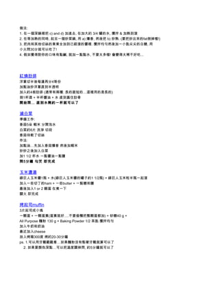 做法:
1. 在一個深鍋裡把 c) and d) 加進去, 在加大約 3/4 罐的水, 攪拌 & 加熱到滾
2. 在等加熱的同時, 起另一個炒菜鍋, 用 a) 爆香, 然後把 b) 炒熟. (要把炒出來的fat倒掉喔!)
3. 把肉和其他切絲的東東全加到已經滾的醬裡. 攪拌均勻然後加一小匙尖尖的白糖, 用
小火悶30分就可以吃了!
4. 假如覺得對你的口味有點鹹, 就加一點點水, 不要太多喔! 會變得太稀不好吃...




紅燒肋排
洋蔥切半後每邊再分4等份
加點油炒洋蔥直到半透明
加入約4根肋排 (通常有兩種: 長的跟短的…這裡用的是長的)
倒1杯酒 + 半杯醬油 + 水 直到蓋住肋骨
開始悶… 直到水剩約一杯就可以了


滷白菜
準備工作:
香菇5朵 蝦米 分開泡水
白菜約6片 洗淨 切段
香菇待軟了切絲
作法:
加點油…先加入香菇爆香 然後加蝦米
炒炒之後加入白菜
加1 1/2 杯水 一點醬油一點鹽
悶5分鐘 勾芡 即完成


玉米濃湯
綠巨人玉米醬1瓶 + 水(綠巨人玉米醬的罐子約1 1/2瓶) + 綠巨人玉米粒半瓶一起滾
加入一些切丁的ham + 一些butter + 一點糖和鹽
最後加入1 or 2 顆蛋 在煮一下
關火 即完成


烤起司muffin
3片起司成小塊
一顆蛋 + 一顆蛋黃(蛋黃就好….不要偷懶把整顆蛋都加) + 砂糖40 g +
All Purpose 麵粉 130 g + Baking Powder 1/2 茶匙 攪拌均勻
加入牛奶和奶油
最近加入cheese
放入烤箱300度 烤約20-30分鐘
ps. 1.可以用牙籤戳戳看…如果麵粉沒有黏著牙籤就算可以了
    2. 如果要顏色深點…可以把溫度關掉悶, 約5分鐘就可以了
 