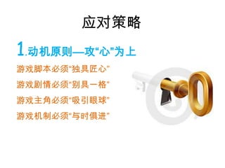 应对策略1.动机原则—攻“心”为上游戏脚本必须“独具匠心”游戏剧情必须“别具一格”游戏主角必须“吸引眼球”游戏机制必须“与时俱进”