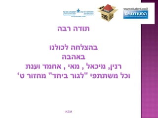 תודה רבה בהצלחה לכולנו באהבהרנין, מיכאל , מאי , אחמד וענתוכל משתתפי "לגור ביחד" מחזור ט‘ שותפים נוספים:הקרן ע"ש ד"ר דוד ושרה אורגלר, הקרן ע"ש יוסף ש. וקרוליין גרוס, קרן שאנון,קרן גולדמן, קרן שטיינהרדט,   חברת אקסלנס KSM   והנהלת המעונות. 