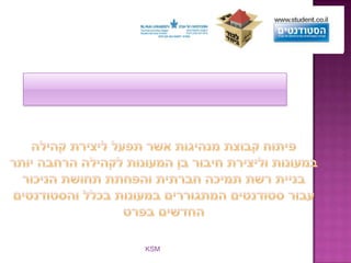 מטרת התוכניתפיתוח קבוצת מנהיגות אשר תפעל ליצירת קהילה במעונות וליצירת חיבור בן המעונות לקהילה הרחבה יותר בניית רשת תמיכה חברתית והפחתת תחושת הניכור עבור סטודנטים המתגוררים במעונות בכלל והסטודנטים החדשים בפרטשותפים נוספים:הקרן ע"ש ד"ר דוד ושרה אורגלר, הקרן ע"ש יוסף ש. וקרוליין גרוס, קרן שאנון,קרן גולדמן, קרן שטיינהרדט,   חברת אקסלנס KSM   והנהלת המעונות. 