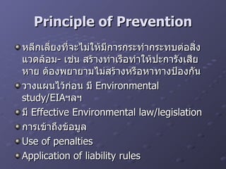 Principle of Prevention หลีกเลี่ยงที่จะไม่ให้มีการกระทำกระทบต่อสิ่งแวดล้อม -  เช่น สร้างท่าเรือทำให้ปะการังเสียหาย ต้องพยายามไม่สร้างหรือหาทางป้องกัน วางแผนไว้ก่อน มี  Environmental study/EIA ฯลฯ มี  Effective Environmental law/legislation การเข้าถึงข้อมูล Use of penalties Application of liability rules 