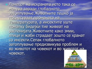 Ланецот на исхраната исто така се менува заради глобалното затоплување.Животните тешко ја поднесуваат промената на температурата, а инсектите уште помалку бидејќи тие живеат на растенијата.Животните како змии, птици и жаби страдаат зошто се хранат со инсекти.Сепак глобалното затоплување предизвикува проблем и во животот на човекот и во животот на човекот. 