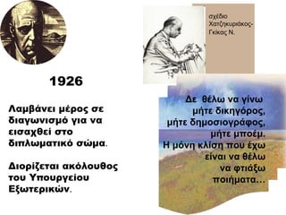 Λαμβάνει μέρος σε διαγωνισμό για να εισαχθεί στο διπλωματικό σώμα . Διορίζεται ακόλουθος του Υπουργείου Εξωτερικών . 1926 Δε  θέλω να γίνω  μήτε δικηγόρος, μήτε δημοσιογράφος, μήτε μποέμ. Η μόνη κλίση που έχω είναι να θέλω να φτιάξω ποιήματα… σχέδιο Χατζηκυριάκος-Γκίκας Ν.   