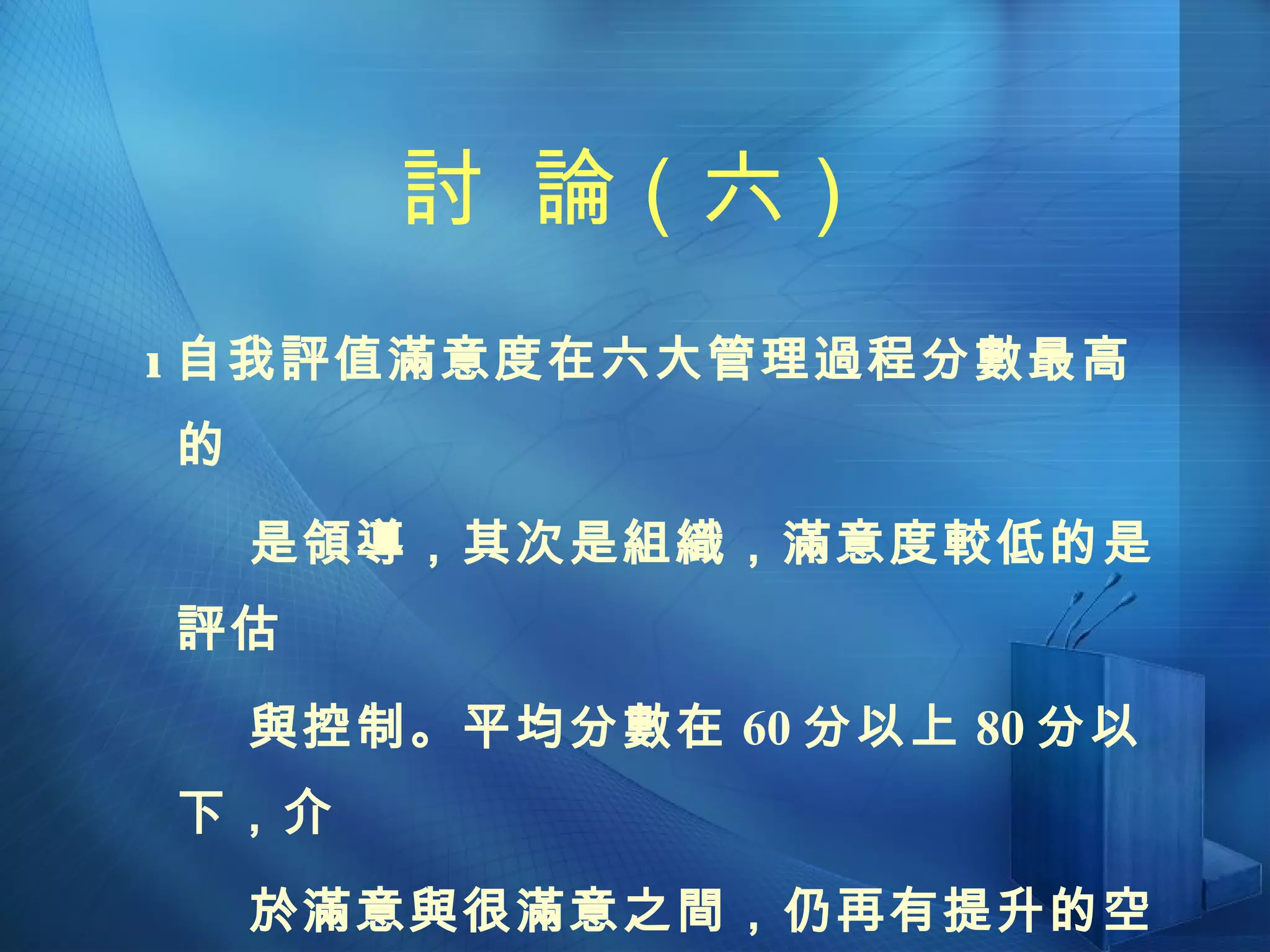 討  論（六）  自我評值滿意度在六大管理過程分數最高的 是領導，其次是組織，滿意度較低的是評估 與控制。平均分數在 60 分以上 80 分以下，介 於滿意與很滿意之間，仍再有提升的空間。 