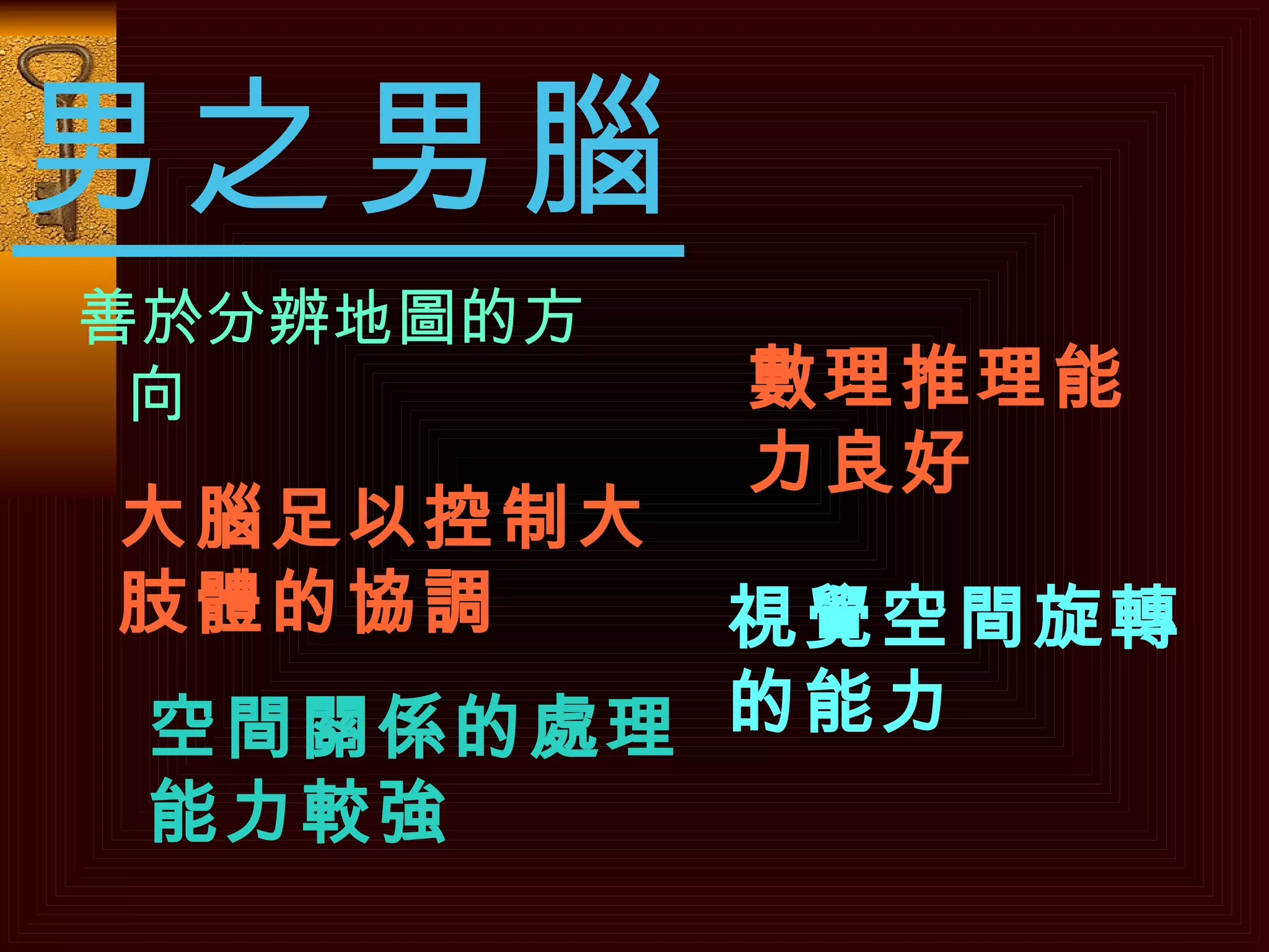 男之男腦 善於分辨地圖的方向 大腦足以控制大肢體的協調 數理推理能力良好 空間關係的處理能力較強 視覺空間旋轉的能力 