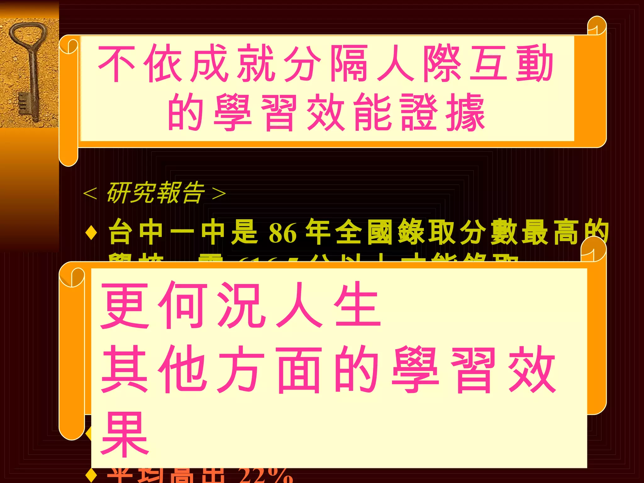 不依成就分隔人際互動 的學習效能證據 < 研究報告 > 台中一中是 86 年全國錄取分數最高的學校 .  需 616.5 分以上才能錄取 . 三年後 (89 年 ) 57% 考上國立大學 . 當年以 616.5 分以上去讀其他學校的 , 三年後像是 斗六高中有 76% 上國立 , 武陵高中 79%, 虎尾高中 83%, 平均高出 22%   更何況人生 其他方面的學習效果 