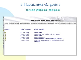 Личная карточка (приказы) 3. Подсистема «Студент» 