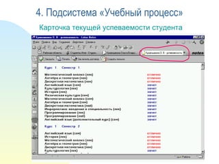 Карточка текущей успеваемости студента 4. Подсистема «Учебный процесс» 