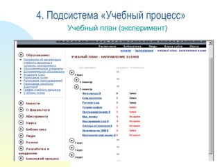 Учебный план (эксперимент) 4. Подсистема «Учебный процесс» 