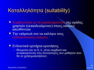 Καταλληλότητα ( suitability) Συμβατότητα με τα χαρακτηριστικά  της ομάδας χρηστών (εκπαιδευόμενων) στους οποίους απευθύνεται  Την επάρκειά του να καλύψει τους  εκπαιδευτικούς στόχους Ενδεικτικά κριτήρια-ερωτήσεις Θεωρείτε ότι το Ε.Λ. είναι συμβατό και ανταποκρίνεται στις δυνατότητες των μαθητών που θα το χρησιμοποιήσουν;  
