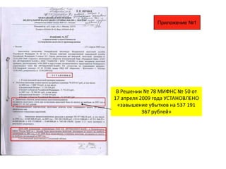 Приложение №1 В Решении № 78 МИФНС № 50 от 17 апреля 2009 года УСТАНОВЛЕНО «завышение убытков на 537 191 367 рублей» 