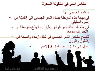 مظاهر النمو في الطفولة المبكرة 1/  النمو الجسمي  :- في نهاية هذه المرحلة يصل النمو الجسمي الى  43%  من نموه الحقيقي . في هذه المرحلة ينمو الرأس بطيئا  ,  والجذع متوسطا  و الاطراف سريعا  . تتضح مظاهر النمو الجسمي في شكل زيادة واضحة في الطول والوزن . يصل إلى ما يزيد عن المتر  110 سم  