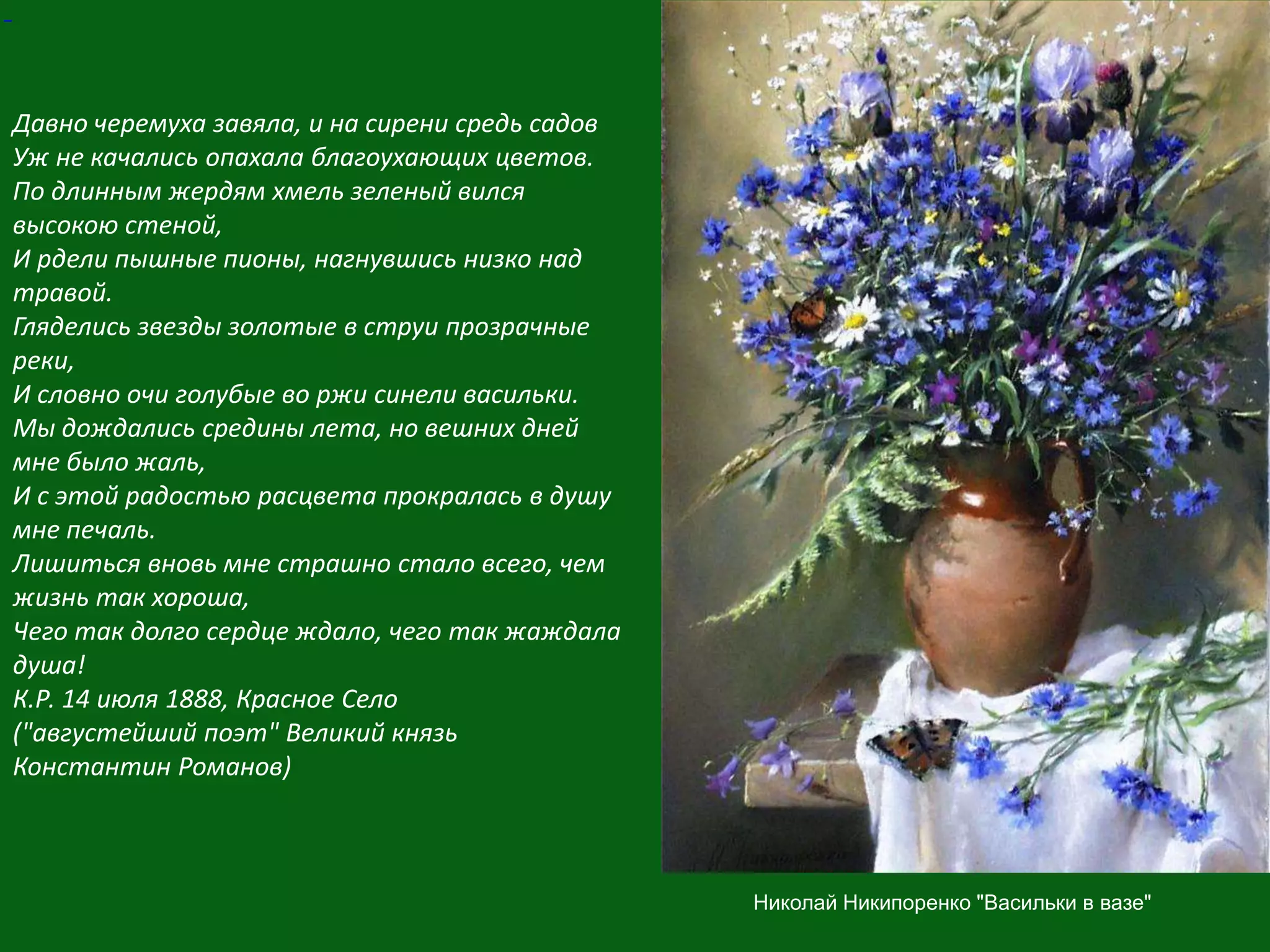  Давно черемуха завяла, и на сирени средь садовУж не качались опахала благоухающих цветов.По длинным жердям хмель зеленый вился высокою стеной,И рдели пышные пионы, нагнувшись низко над травой.Гляделись звезды золотые в струи прозрачные реки,И словно очи голубые во ржи синели васильки.Мы дождались средины лета, но вешних дней мне было жаль,И с этой радостью расцвета прокралась в душу мне печаль.Лишиться вновь мне страшно стало всего, чем жизнь так хороша,Чего так долго сердце ждало, чего так жаждала душа!К.Р. 14 июля 1888, Красное Село("августейший поэт" Великий князь Константин Романов)  Николай Никипоренко "Васильки в вазе"
