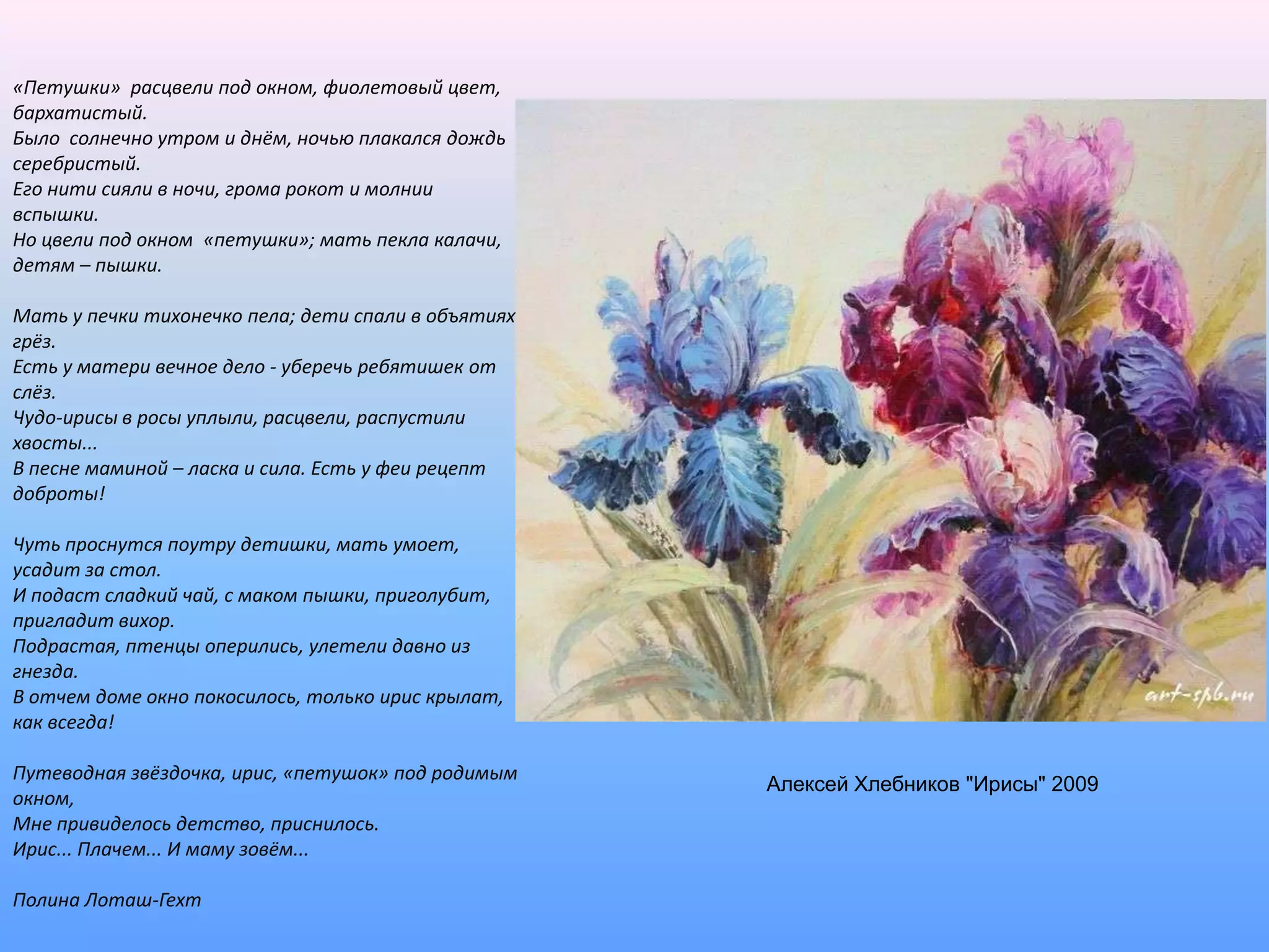 «Петушки»  расцвели под окном, фиолетовый цвет, бархатистый.Было  солнечно утром и днём, ночью плакался дождь серебристый.Его нити сияли в ночи, грома рокот и молнии вспышки.Но цвели под окном  «петушки»; мать пекла калачи, детям – пышки. Мать у печки тихонечко пела; дети спали в объятиях грёз.Есть у матери вечное дело - уберечь ребятишек от слёз.Чудо-ирисы в росы уплыли, расцвели, распустили хвосты...В песне маминой – ласка и сила. Есть у феи рецепт доброты! Чуть проснутся поутру детишки, мать умоет, усадит за стол.И подаст сладкий чай, с маком пышки, приголубит, пригладит вихор.Подрастая, птенцы оперились, улетели давно из гнезда.В отчем доме окно покосилось, только ирис крылат, как всегда! Путеводная звёздочка, ирис, «петушок» под родимым окном,Мне привиделось детство, приснилось.Ирис... Плачем... И маму зовём... Полина Лоташ-Гехт  Алексей Хлебников "Ирисы" 2009