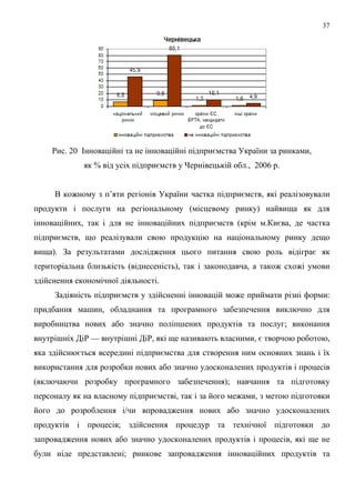 37




    Рис. 20 Інноваційні та не інноваційні підприємства України за ринками,
             як % від усіх підприємств у Чернівецькій обл., 2006 р.


     В кожному з п’яти регіонів України частка підприємств, які реалізовували
продукти і послуги на регіональному (місцевому ринку) найвища як для
інноваційних, так і для не інноваційних підприємств (крім м.Києва, де частка
підприємств, що реалізували свою продукцію на національному ринку дещо
вища). За результатами дослідження цього питання свою роль відіграє як
територіальна близькість (віднесеність), так і законодавча, а також схожі умови
здійснення економічної діяльності.
     Задіяність підприємств у здійсненні інновацій може приймати різні форми:
придбання машин, обладнання та програмного забезпечення виключно для
виробництва нових або значно поліпшених продуктів та послуг; виконання
внутрішніх ДіР — внутрішні ДіР, які ще називають власними, є творчою роботою,
яка здійснюється всередині підприємства для створення ним основних знань і їх
використання для розробки нових або значно удосконалених продуктів і процесів
(включаючи розробку програмного забезпечення); навчання та підготовку
персоналу як на власному підприємстві, так і за його межами, з метою підготовки
його до розроблення і/чи впровадження нових або значно удосконалених
продуктів і процесів; здійснення процедур та технічної підготовки до
запровадження нових або значно удосконалених продуктів і процесів, які ще не
були ніде представлені; ринкове запровадження інноваційних продуктів та
 
