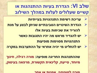 שלב  VI :   הגדרת בעיות ההתנהגות או קשיים שעלולים לעלות במהלך השילוב עריכת רשימת התנהגויות בעייתיות הגדרת השינויים הסביבתיים שניתן לבצע על מנת  להוריד את שכיחות בעיות אלו יש להגדיר מראש מה יהיו התגובות כאשר  התנהגויות מסוימות מופיעות יש להחליט מי יהיה אחראי על ההתערבות במקרה  שההתנהגות החריגה מופיעה :  מורה רגילה ,  חינוך  מיוחד ,  סייעת ,  קלינאית תקשורת ,  מרפאה בעיסוק ,  מורה למוסיקה ,  אמנות או אחר 