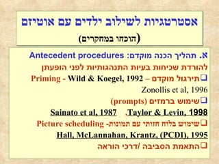 אסטרטגיות לשילוב ילדים עם אוטיזם ( הוכחו במחקרים ) א .   תהליך הכנה מוקדם :  Antecedent procedures להורדת שכיחות בעיות התנהגותיות לפני הופעתן תירגול מוקדם   –  Priming   -   Wild & Koegel, 1992 Zonollis et al, 1996   שימוש ברמזים   ( prompts )  Sainato et al, 1987   ,  Taylor & Levin , 1998 שימוש בלוח חזותי עם תמונות -   Picture scheduling   Hall, McLannahan, Krantz, (PCDI), 1995 התאמת הסביבה  / דרכי הוראה 
