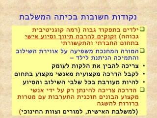 נקודות חשובות בכיתה המשלבת   ילדים בתפקוד גבוה  ( רמה קוגניטיבית גבוהה )  זקוקים להרבה תיווך וסיוע אישי  בתחום החברתי והתקשורתי המורה המחנכת משפיעה על אווירת השילוב והתמיכה הניתנת לילד –   צריכה להבין את הלקות לעומק  לקבל הדרכה מקצועית מאנשי מקצוע בתחום להיות מעורבת בכל שלבי השילוב והסיוע הדרכה צריכה להינתן רק על ידי אנשי מקצוע הבונים תוכנית התערבות עם מטרות ברורות להשגה ( למשלבת האישית ,  למורים וצוות החינוכי ) 