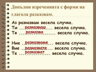Допълни изреченията с форми на глагола  разказвам . Аз разказвам весела случка. Ти .................. весела случка. Тя .................... весела случка. Ние ................. весела случка.  Вие ................. весела случка.  Те ................. весела случка. 