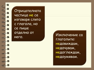 Отрицателната частица  не  се изговаря слято с глагола, но се пише отделно от него. Изключение са глаголите: не довиждам, не дочувам, не доглеждам, не доумявам. 